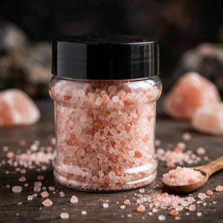 Clear plastic jar with matte black lid filled coarse Himalayan pink salt crystals 1320x1320 retail packaging