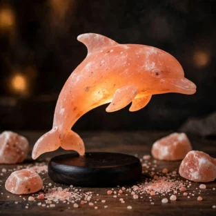 Himalayan dolphin fish salt lamp jumping dolphin shape glowing warm on black wooden base 1320x1320
