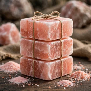 Three stacked Himalayan pink salt blocks high-density agricultural licks tied with jute twine 1320x1320