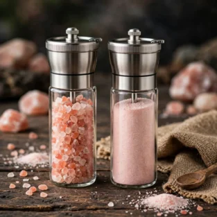 Two stainless steel glass grinder bottles with coarse and fine Himalayan pink salt 1320x1320