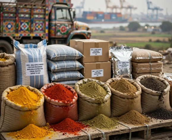 Bulk culinary spice powders in 25kg export sacks with Karachi port and Punjab agricultural background for UAE food processing wholesale