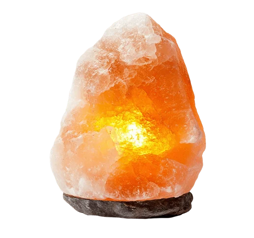 Himalayan pink salt lamp glowing with warm orange light