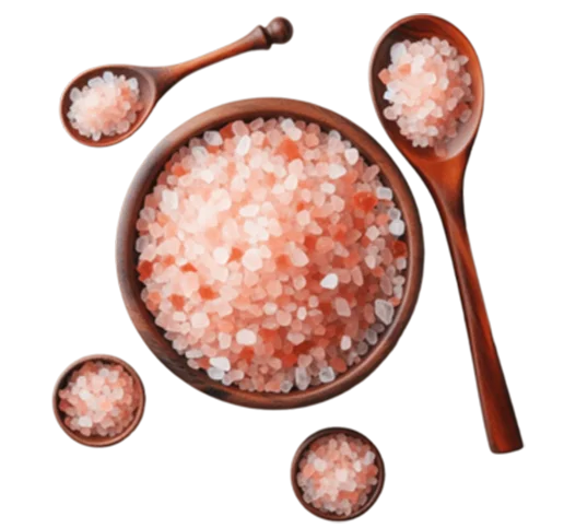 Himalayan pink salt crystals in wooden bowls and spoons