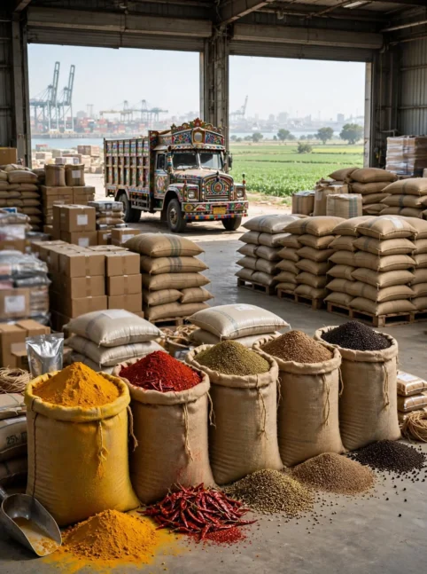 Vertical bulk spice export warehouse with Karachi port and Punjab fields in background showing 25kg burlap sacks for UAE food processing