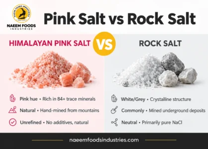 Pink Salt vs Rock Salt Comparison Pink Salt vs Rock Salt comparison showing Himalayan pink salt and rock salt characteristics.