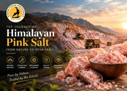 How Himalayan Pink Salt Is Mined in Pakistan Himalayan pink salt mining in Pakistan with excavators, mining trucks, and natural pink salt crystals by Naeem Foods Industries