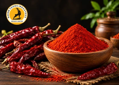 Kashmiri Chilli Powder – Bulk Sourcing Guide Kashmiri chilli powder in a wooden bowl surrounded by dried red chillies